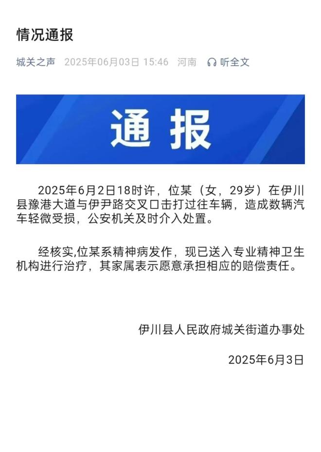 辆轿车通报：系精神病发作家属愿意承担赔偿pg电子试玩网站免费女子持械当街打砸多(图3)